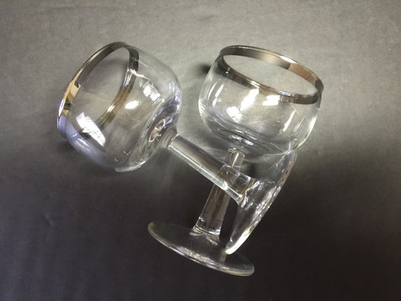 Mid-Century Modern Short Stemmed Wine Glasses With Silver Rimmed