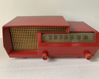 Vintage 1953 Philco Transitone AM Vacuum Tube Split Level Tabletop Radio, Radio Collector, Mid Century Red Philco Radio