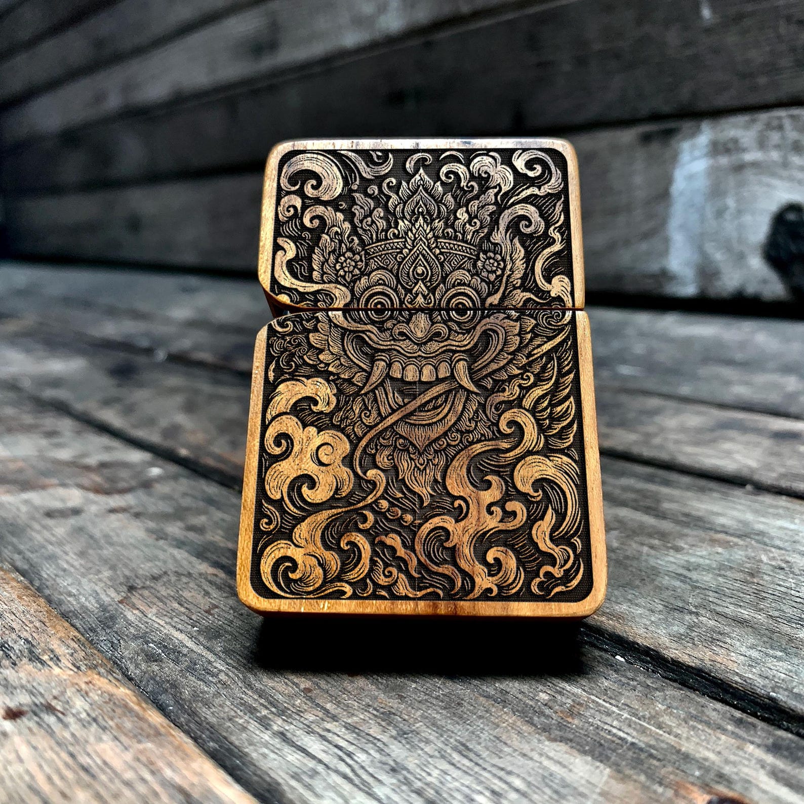 Barong Balinese Tattoo Style - Java Teakwood Engraved Lighter - Etsy