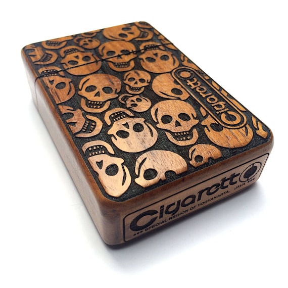 Vintage Cigarette Case 100's Teak Wood Cigarette Holder Box - Mayan Calender