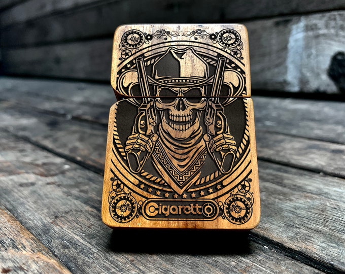 Engraved Wood Case Lighter, Vintage Cowboy Skull, Personalized Gift