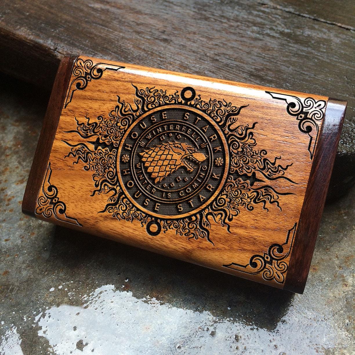 Game of Thrones Engraved Teak Cigarette Case, Card Holder