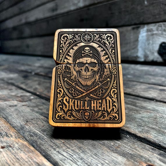 Engraved Skull Head Lighter, Java Teak Wood Cover, Custom Lighter