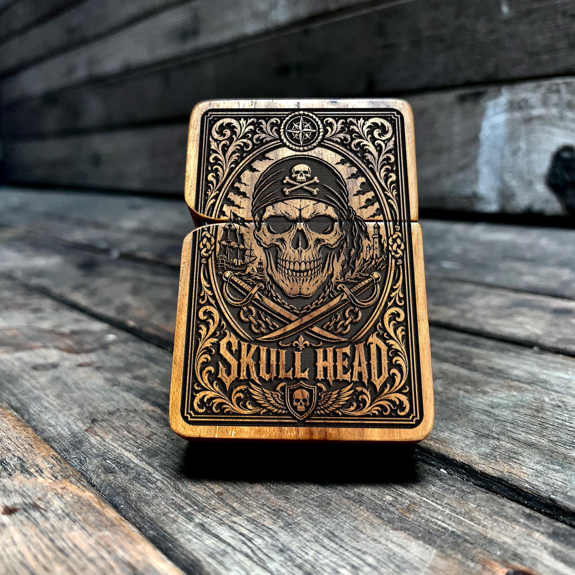 Engraved Skull Head Lighter, Java Teak Wood Cover, Custom Lighter