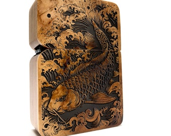 Engraved Koi Fish Lighter, Java Teak Wood Windproof, Custom Lighter
