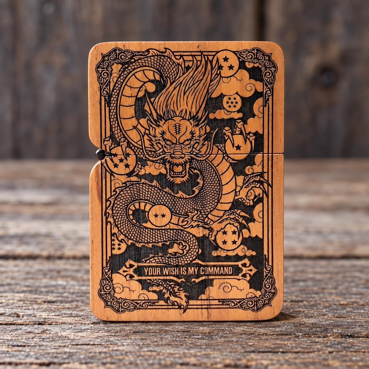 Japanese Style Dragon Armor Engraved Wooden Lighter, Personalized