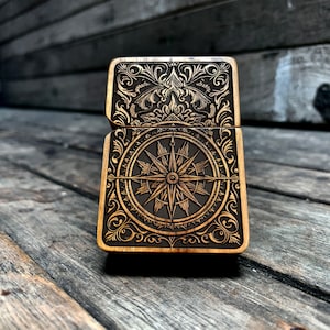 Handmade Engraved Compass Rose Lighter, Teakwood Case, Personalized Gift