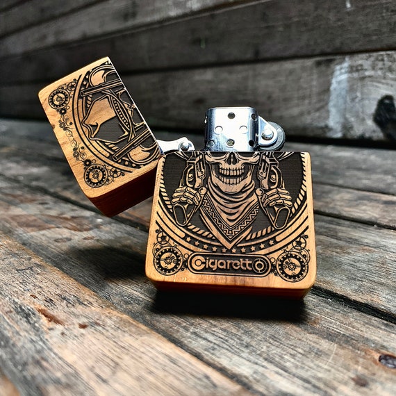 Engraved lighter with wood case cover Vintage cigar lighter Cowboy Skull personalized gifts for men