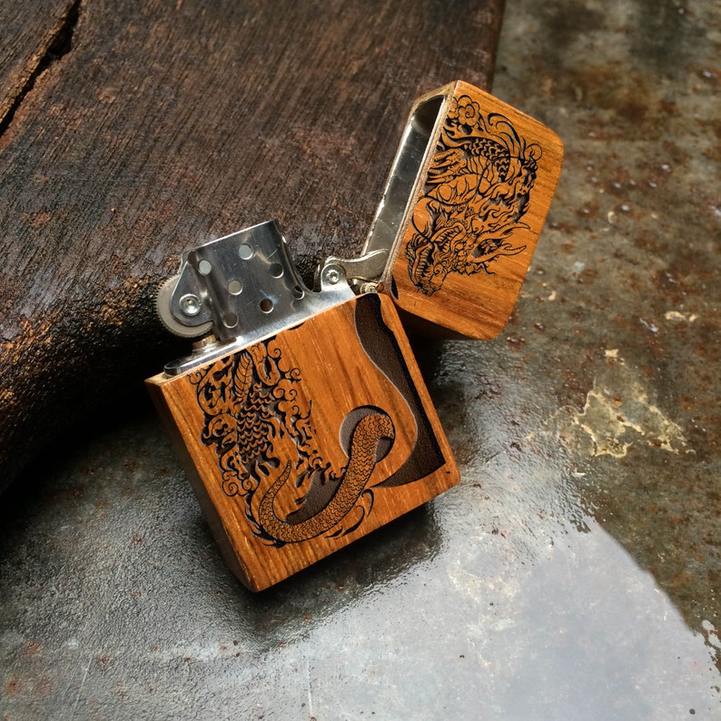 ENGRAVED LIGHTER Dragon Yin Windproof Lighter With Wood Etsy