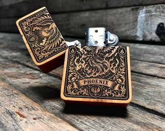 Phoenix Java Teakwood Engraved Lighter, Personalized Smoking Gifts