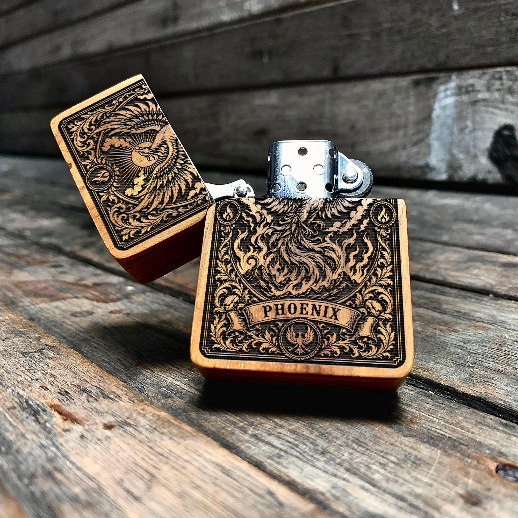 Phoenix Java Teakwood Engraved Lighter, Personalized Smoking Gifts