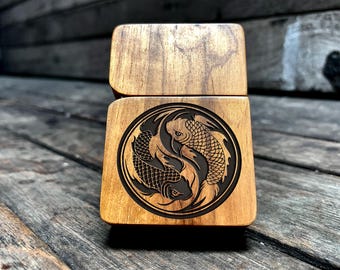 Engraved Wood Lighter: Yin Yang Koi Fish, Custom Windproof Case