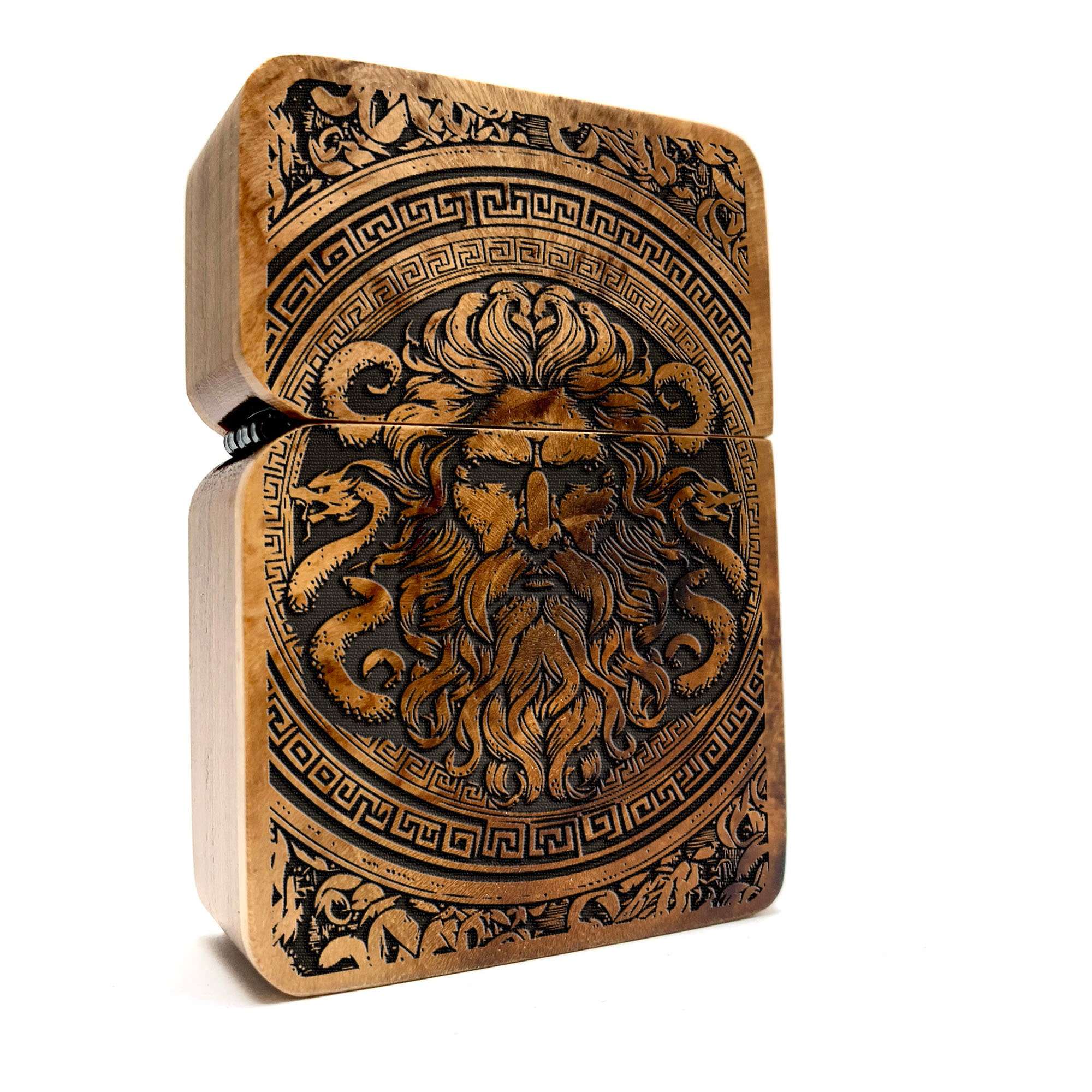 Handmade Engraved Lighter: Zeus Greek Mythology Java Teakwood Case