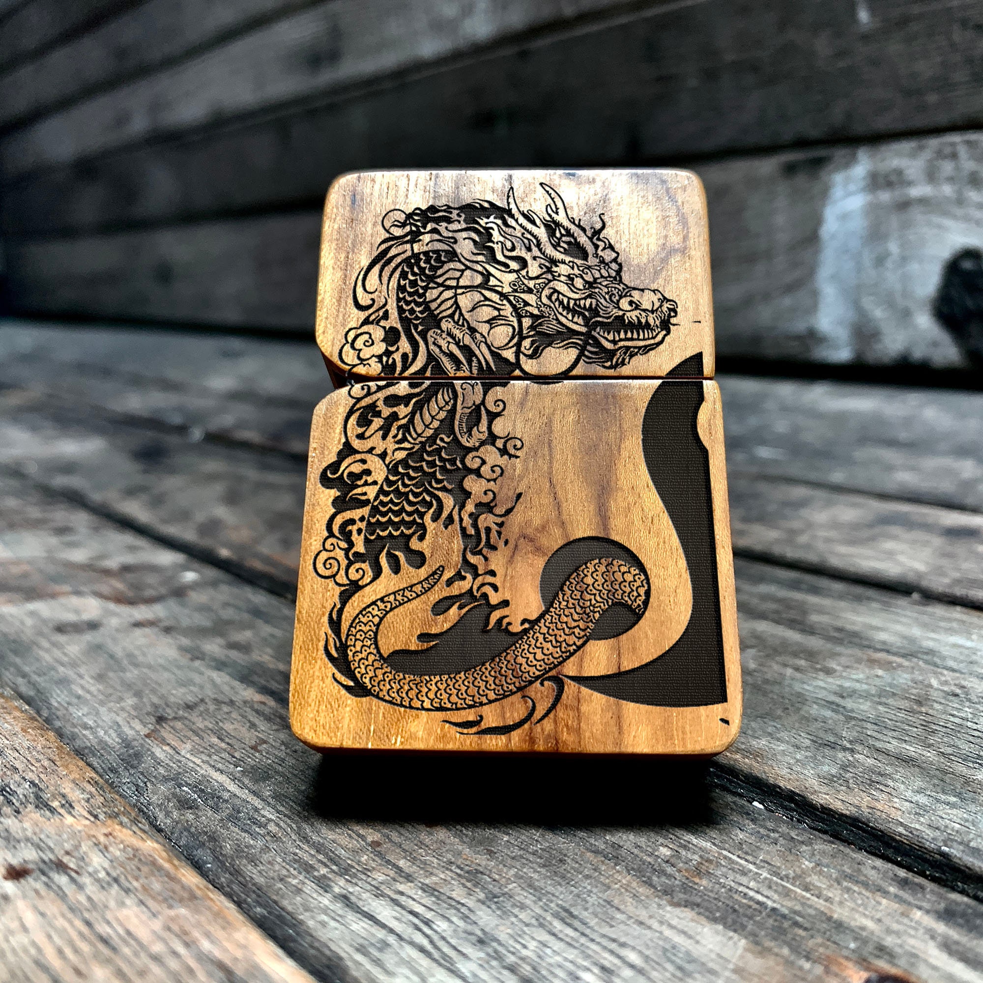 Dragon Yin-yang Java Teak Wood Engraved Lighter - Handmade Custom