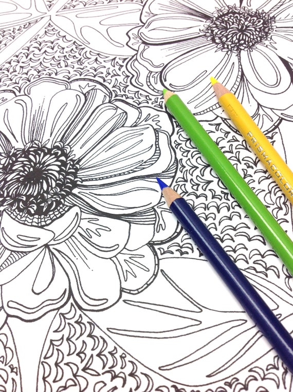 Download Floral Coloring Page Zinnias Print Flowers Coloring | Etsy