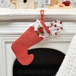 Red Christmas Stocking, Miniature Christmas Dollhouse Item, 1 12 Scale, Fairy Garden Xmas Shop, Dolls House Artisan, Room Box Mini Accessory