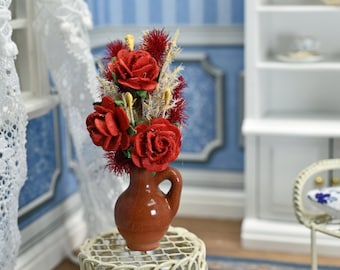 Red Rose Victorian Flower Arrangement, 1 12 Scale Rose Vase Centerpiece, Rustic Dollhouse Decoration, Floral Decor, Flower Bouquet Artisan
