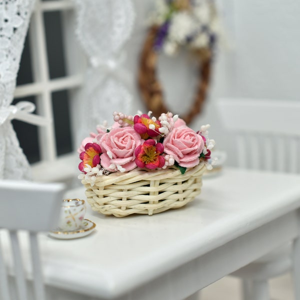 Miniature Wicker Basket of Pink Roses, Summer Dollhouse Flowers, Beautiful Table Centerpiece Arrangement, Dolls House Florist, 1 12 Artisan