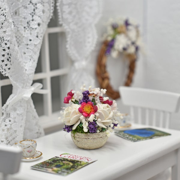 Dollhouse Flower Arrangement, White Rose 1 12 Scale Shabby Chic Centerpiece Bouquet, Miniature Dolls House Holiday, Mini Flower Shop Artisan