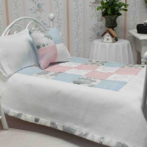 Dollhouse Pink & Blue Bedding, Doll Bed Quilt, Designer Pillow, Miniature 1 12 Scale Comforter, Dolls House Blanket, Full/Double Bedspread