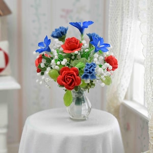 Miniature Red White Blue Flower Arrangement, 1 12 Scale Independence Day Dollhouse, Patriotic Floral Bouquet, Doll House Flower Shop Artisan
