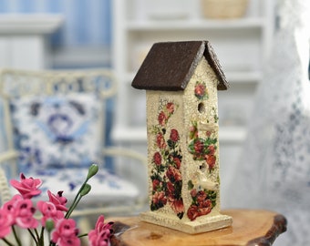 Rustic Shelf Sitter Bird House, Miniature Painted Birdhouse Decoration, Floral Bird House, Floral Decor, Bird Lover Unique Gift, 1 12 Scale