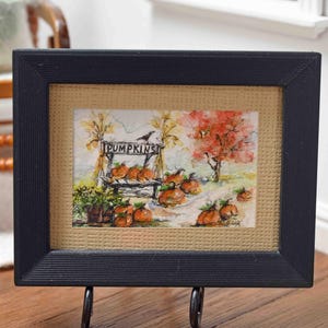 Pumpkin Patch Autumn Farm Landscape, 1 12 Scale Miniature Framed Watercolor Painting