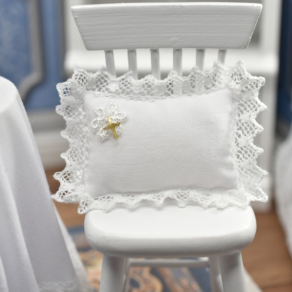 Miniature Baptism Pillow with Cross, Dollhouse Baby Pillow, White Lacey Pillow, Dollshouse Nursery Bedding, 1:12 Scale, Artisan Dolls House