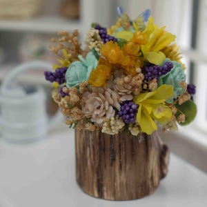 Miniature Floral Arrangement: Rustic Green Rose, Wood Pot Dollhouse Decor