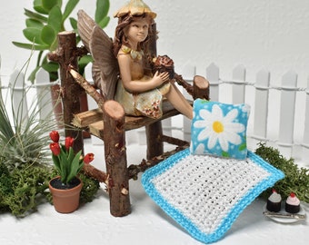 Blue White Floral Fairy Garden Chair, Miniature Twig Chair, Rustic Dollhouse Furniture, Indoor Fairy House Display Tiny Chair Pillow Blanket