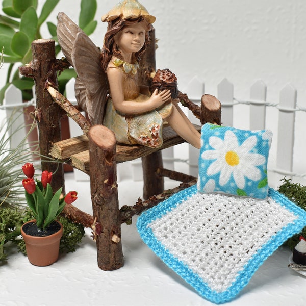 Blue White Floral Fairy Garden Chair, Miniature Twig Chair, Rustic Dollhouse Furniture, Indoor Fairy House Display Tiny Chair Pillow Blanket