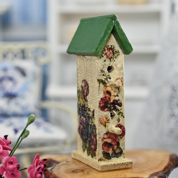 Dollhouse Birdhouse, Miniature Shelf Sitter Bird House Condo, Floral Decor Bird House, Mini Bird Cottage, Bird Lover Unique Gift, 1 12 Scale