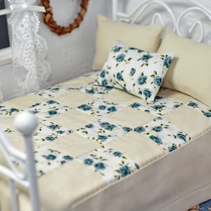 Dollhouse Bedding, Country Floral, 1 12 Scale Doll Bed Quilt with Designer Pillows, Miniature Comforter, Dolls House Blanket, Mini Bedspread