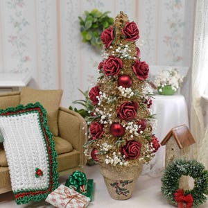 Christmas Tree, 1 12 Scale Dollhouse Miniature Tree, 5 1/2&quot; Decorated Bottle Brush Christmas Tree, Inch Scale Holiday, Dolls House Artisan