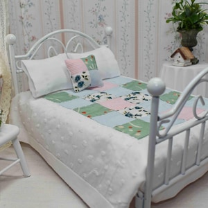 Dollhouse 1 12 Scale Bedding, Pink Green Blue Doll Bed Quilt, Designer Pillow, Mini Comforter, Dolls House Blanket, Full/Double Bedspread