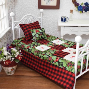 Red Check Christmas Patchwork Bed Quilt, Single Twin, 1 12 Scale, 3 Piece Set, Handmade Bed Linens