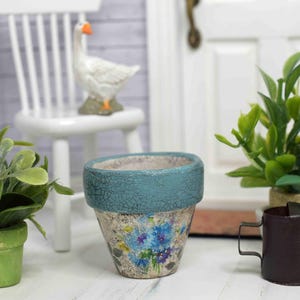 Blue Floral Dollhouse Flower Pot: Miniature Fairy Garden Decor