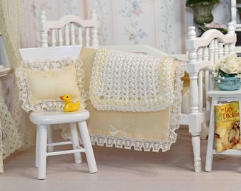 Miniature 1 12 Scale Crib Bedding Set, Ecru Dollhouse Blanket, Handmade Pillow & Afghan