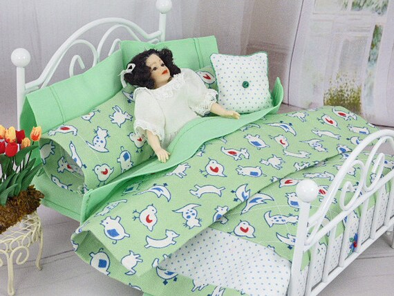 Dolls House Dolls Bed Miniature Bedding Set Duvet Cover Set Handmade