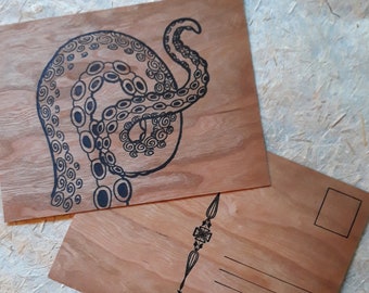 Cartão postal tipográfico de madeira de tentáculo