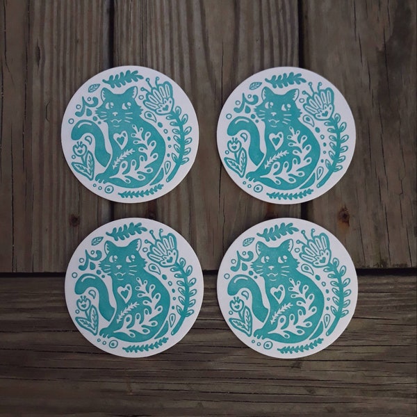 Folk Cat Letterpressed Coasters | Funky Feline Letterpress Barware