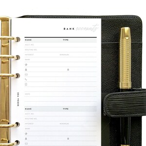 May include: A white page with a black and white grid pattern. The page is divided into two sections, each with the heading "BANK accounts". Each section has fields for "NAME", "ACCT NO", "ROUTING NO", "INTEREST", "BANK", "NOTE", and "TYPE".