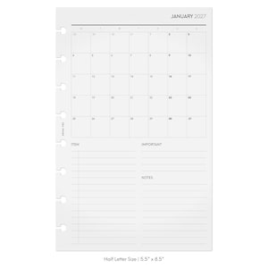 May include: A white planner insert page for January 2027 with a monthly calendar grid, sections for items, important tasks, and notes. The page features punch holes on the left side, the text SESSA VEE, and measures 5.5 inches by 8.5 inches.