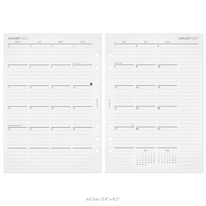 May include: A white A5 planner insert for January 2027, measuring 5.8 by 8.3 inches. The two-page layout features a monthly calendar grid with lined daily sections, punch holes on the inner edges, and small December and February calendars.