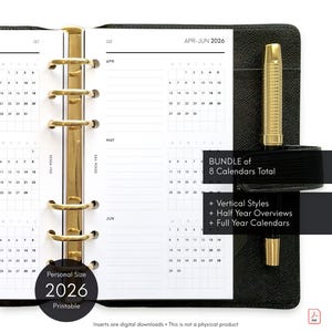 May include: Open personal size 2026 printable planner with gold accents. The planner is open to show the calendar pages for April, May, and June. A gold pen is secured in a black pen loop. Text on the image reads: "BUNDLE of 8 Calendars Total".