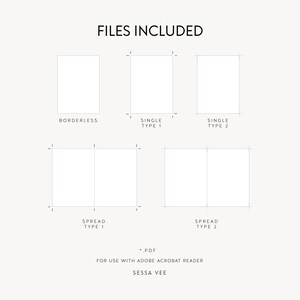 May include: Diagram showing different file types included in a digital download: borderless, single type 1, single type 2, spread type 1, and spread type 2.  The text "*.PDF" and "FOR USE WITH ADOBE ACROBAT READER" is also included.  The text "SESSA VEE" is at the bottom of the diagram.