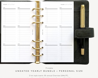 Undated Yearly Bundle, List Style Quarterly, Biannual, & Full Year Overviews, Printable Planner Inserts, Personal Size [PDF File]