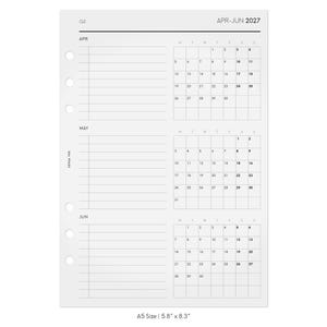 May include: A white A5 planner insert measuring 5.8 by 8.3 inches, featuring a Q2 calendar for April, May, and June 2027. The page includes six binder holes on the left, lined note sections, and monthly grids with the text SESSA VEE.