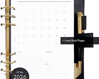 Calendario 2026 A5 imprimible - Mo1P, inserto de planificador mensual (mes en una página) [Archivo PDF]