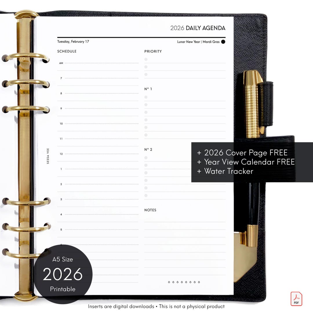 2026 A5 Printable - Daily Agenda, Day on 1 Page, Half Hour, Hourly ...